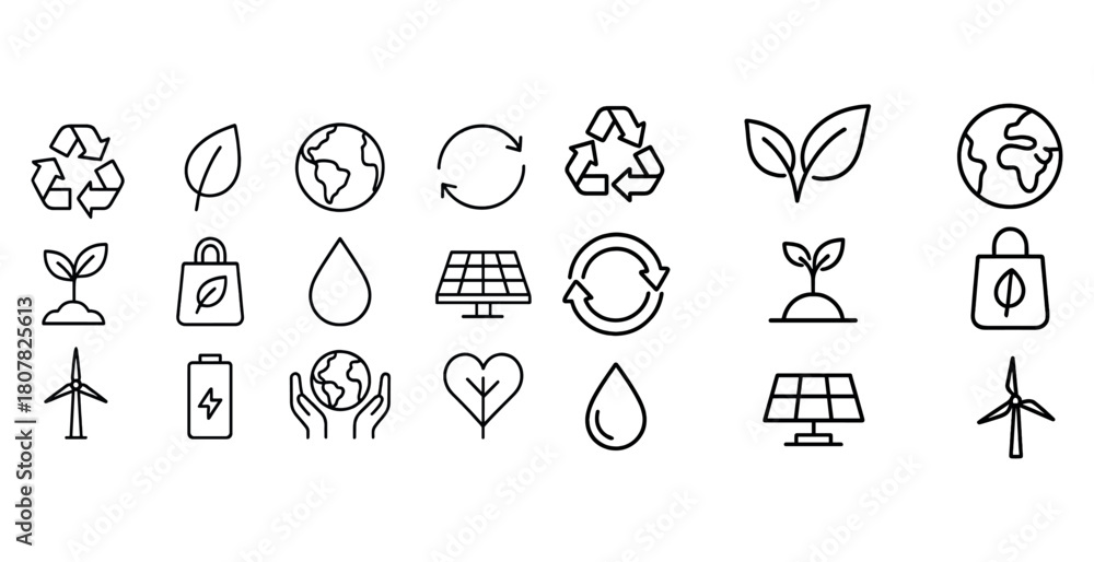 Naklejka premium Eco-friendly icons featuring recycle, nature, and renewable energy symbols