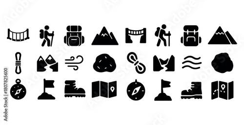 Hiking and climbing icons: backpack, compass, mountain, rope, map