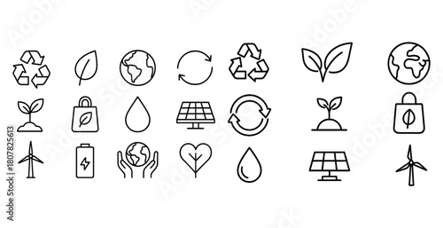 Eco-friendly icons featuring recycle, nature, and renewable energy symbols