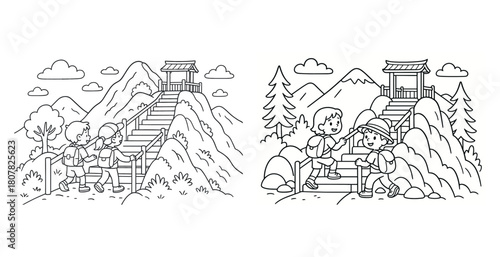 Children hiking mountain trail with scenic views and pagoda illustration