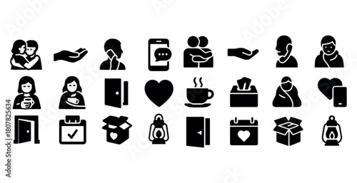 Icon set featuring communication, connection, doors, boxes, and hearts