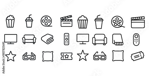 Cinema icons: popcorn, clapperboard, drinks, tv, couch, remote, star, 3d glasses, tickets