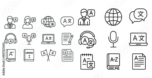 Language translation icons set with headphones, books, and computers