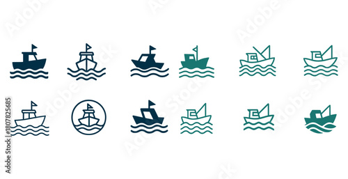 Nautical icon set featuring various styles of boats and waves