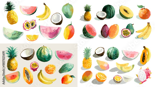 Vibrant watercolor fruits including pineapple, banana, watermelon, mango, papaya, coconut, citrus, and exotic varieties in fresh colorful tones for food and tropical themes.