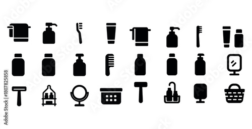 Bathroom essentials icons set: soap, towel, toothbrush, toothpaste, comb