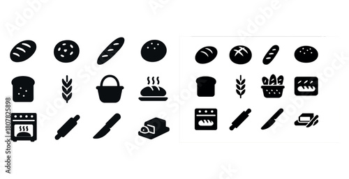 Bread and baking icons: loaf, baguette, wheat, oven, knife, rolling pin, basket