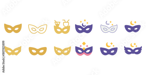 Colorful carnival masks collection in yellow and purple themes
