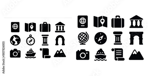 Travel and exploration icons: globe, compass, map, camera, luggage, ship