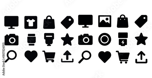 Black silhouette icons: technology, shopping, photography, and communication symbols