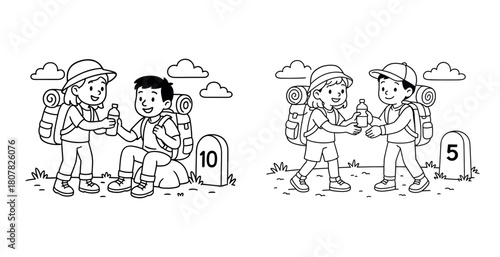 Young caucasian children hiking and sharing drinks in nature