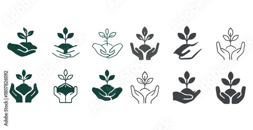Collection of plant icons in hands symbolizing growth and nurture