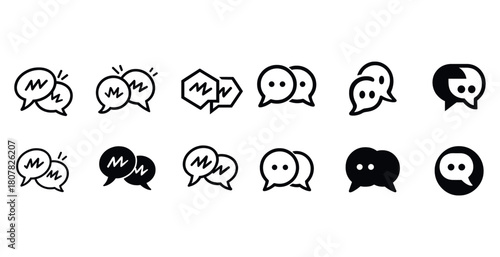 Black and white chat bubble icon set with diverse designs