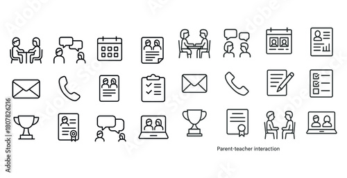Parent-teacher interaction icons: communication, meetings, collaboration, education, planning
