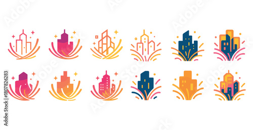 Colorful abstract cityscape icons with sparkling effects in various designs