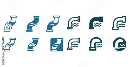 Set of blue pipe icons with water flow representing plumbing and fluid dynamics