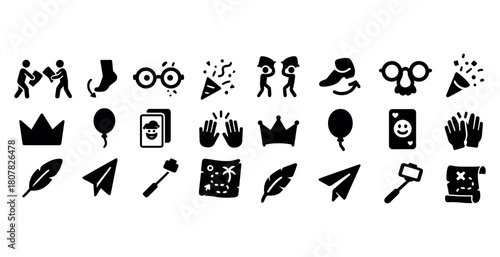 Collection of playful black silhouettes featuring dance, celebration, and fun icons