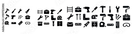 Collection of black tool icons including hammer, wrench, drill, and saw