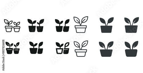 Simple plant icon set featuring growing seedlings in pots and planters