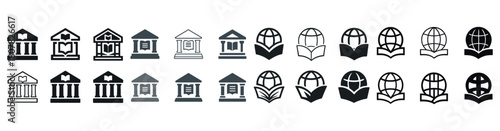 Monochrome bank and book icons set representing education and finance