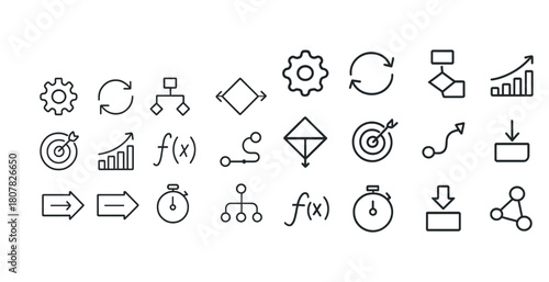 Set of black and white icons representing business and technology concepts