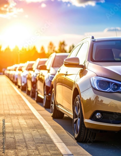 A row of new cars parked at a dealership during a beautiful golden sunset