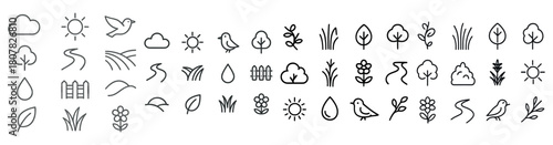Set of minimalist nature icons including trees, birds, and sun