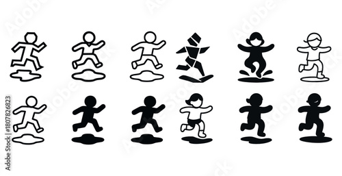 Icon set of stylized running figures in various dance poses