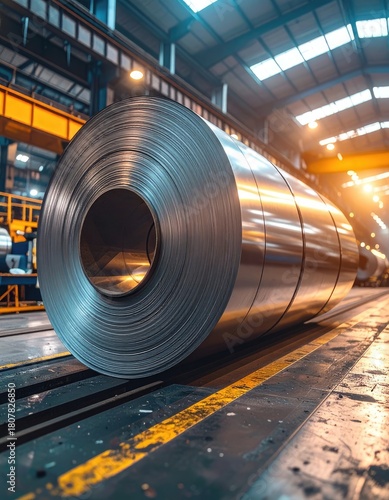 A large coil of rolled steel on a production line in a modern factory warehouse