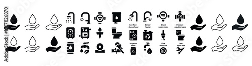 Water conservation and plumbing icon set featuring faucets and valves