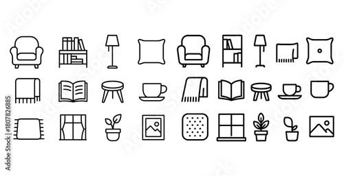Home decor icons: furniture, plants, books, and more in simple line art style