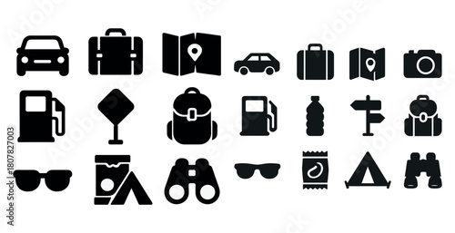 Travel and adventure icons: car, map, backpack, camera, tent, binoculars, sunglasses