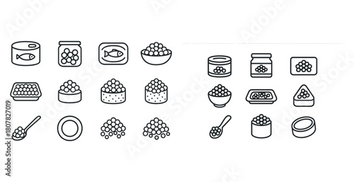 Caviar icon set: jar, can, spoon, bowl, serving plate, different styles