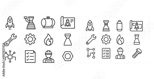 Space exploration and engineering icons collection: rocket, astronaut, tools, diagrams