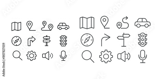 Transportation navigation icons set: map, location, compass, traffic, and more