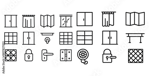 Set of window and door icons with locks and handles