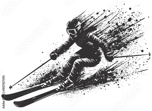 A bold black-and-white illustration captures a skier carving down a slope, leaving a splash of ink-like particles. Energetic, fast-paced, and powerful, perfect for sports,