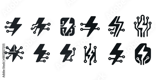 Collection of lightning bolt circuit icons in various styles