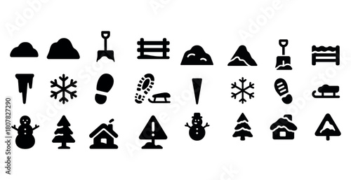 Winter icon set: snow, ski, snowman, snowflake, sled, trees