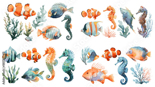 Watercolor collection of tropical fish, seahorses, corals, seaweed, and marine animals painted in soft ocean colors for underwater themed designs and illustrations.