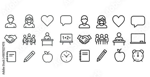 Education icons: teachers, students, classroom, heart, speech bubbles, notebooks, apple, clock