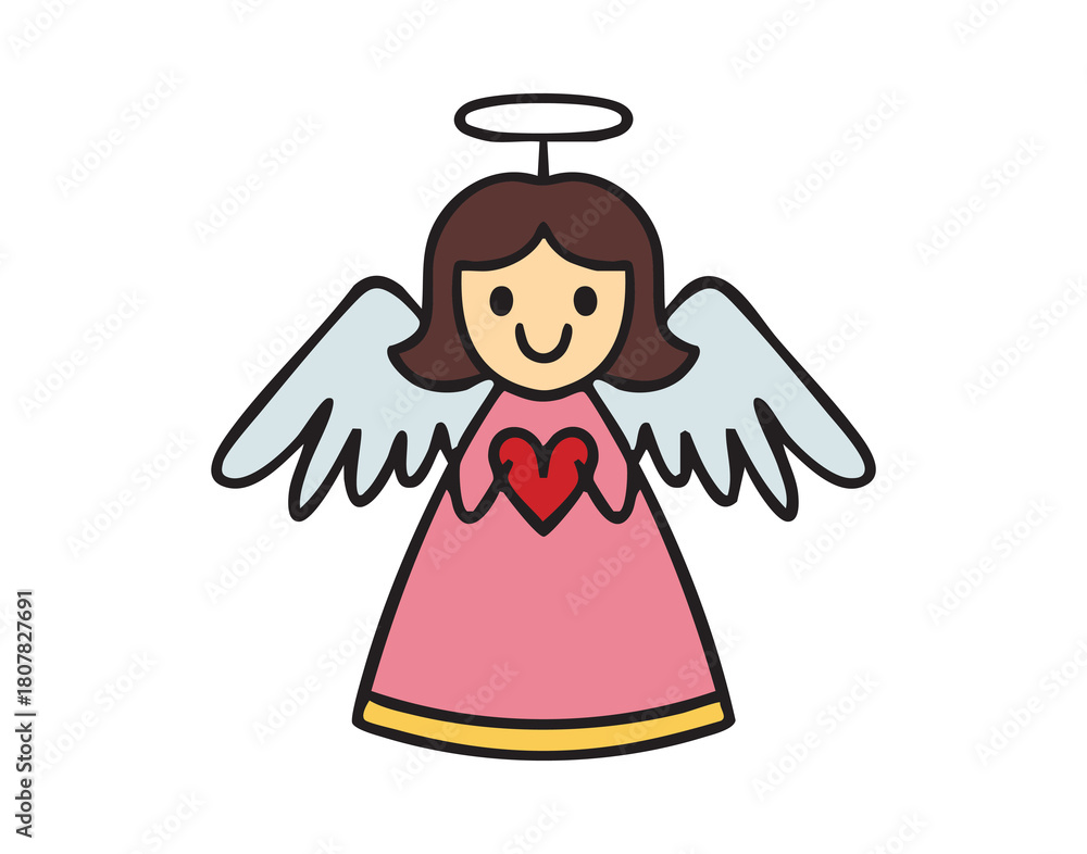 Naklejka premium Cute angel girl holding heart with wings spread clipart, Christmas ornament toy, single element, hand drawn.
