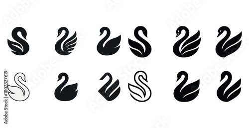 Elegant swan logos collection: diverse black and white swan icon designs