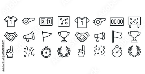 Sports icon set: jerseys, whistles, scoreboards, trophies, timers, celebrations