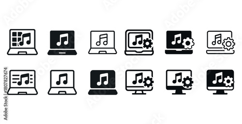 Music application icons on laptops and desktops vector set