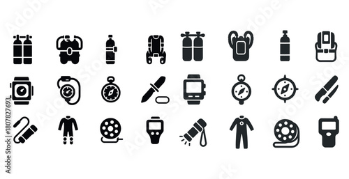 Diving and trekking equipment icons set in black and white