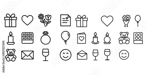 Valentine's day icons: hearts, gifts, flowers, balloons, smiley faces, teddy bears