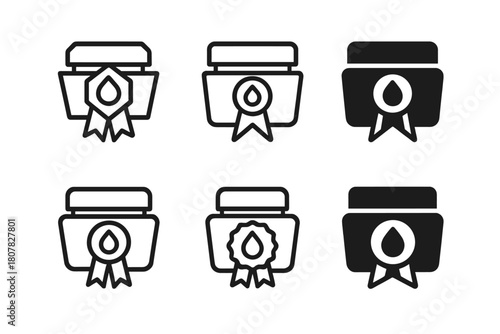 Moisturizer Jar Icons. Moisturizer jar mockup. Icon set. Set Logo of moisturizer jar mockup: jar with quality ribbon seal. harmonious logo variations of the