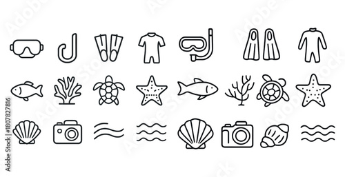 Line art ocean icons: snorkeling gear, marine animals, plants
