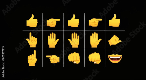 A versatile set of yellow emoji style hand gesture icons, including thumbs up, pointing, and fist, for digital communication